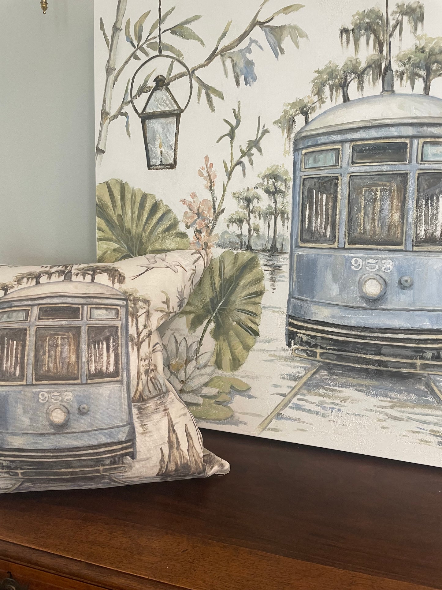 Blue Line Botanical Streetcar Decorative Pillow 20x20, 22x22