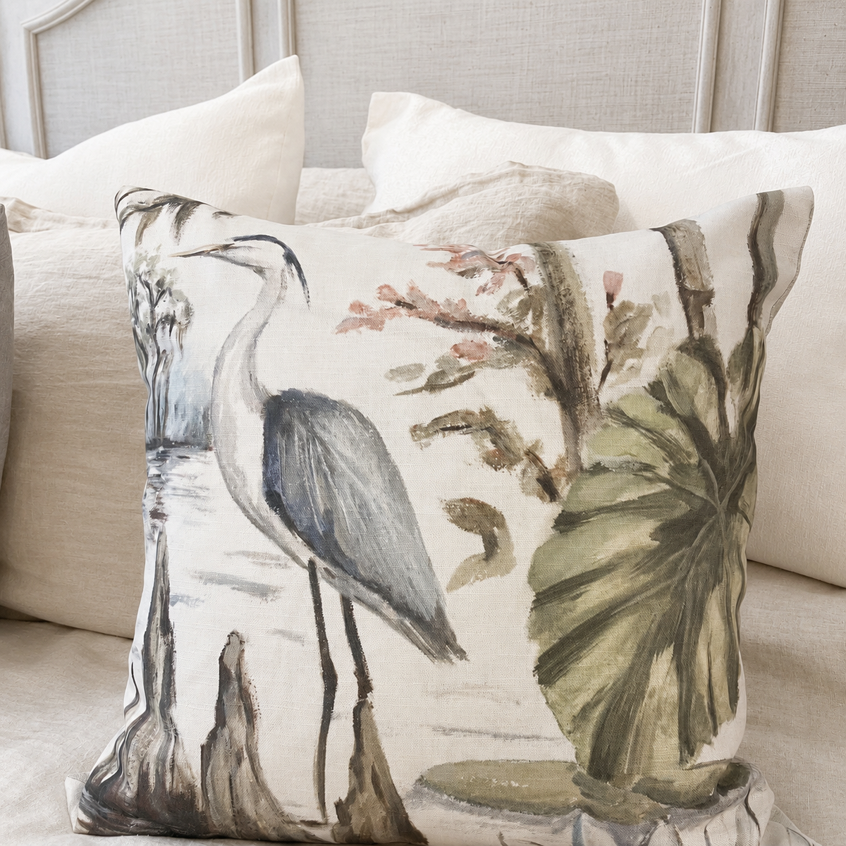 Blue Line Botanical Heron Decorative Pillow 20x20, 22x22
